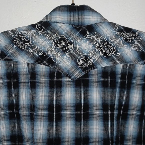 Western plaid button down women’s medium Panhandle Slim blue white silver black - Picture 6 of 11